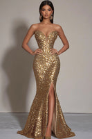 Load image into Gallery viewer, Women Sparkly Gold Sequins Formal Dress with Slit Strapless Mermaid Sweetheart Long Party Dress