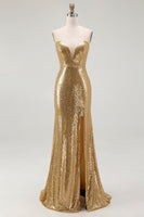Load image into Gallery viewer, Sparkly Sequins Gold Strapless Mermaid Long Formal Dress with Slit