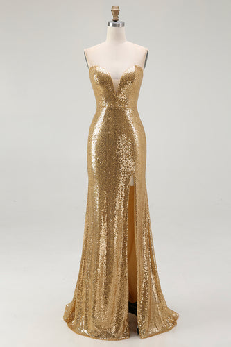 Sparkly Sequins Gold Strapless Mermaid Long Formal Dress with Slit