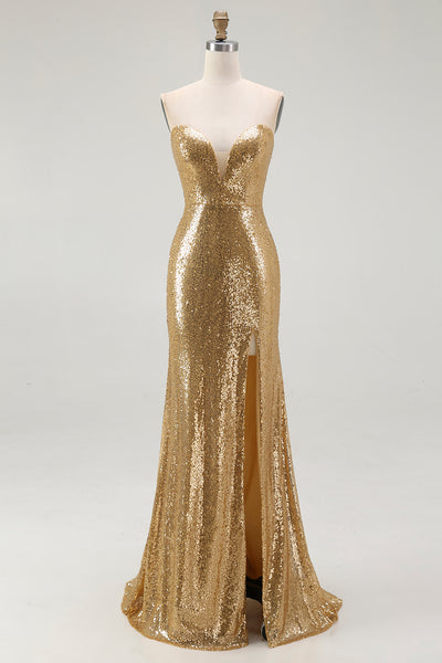 Sparkly Sequins Gold Strapless Mermaid Long Formal Dress with Slit