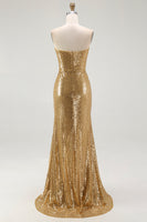 Load image into Gallery viewer, Sparkly Strapless Gold Mermaid Long Sequins Formal Dress with Slit