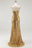 Load image into Gallery viewer, Sparkly Sequins Gold Strapless Mermaid Long Formal Dress with Slit