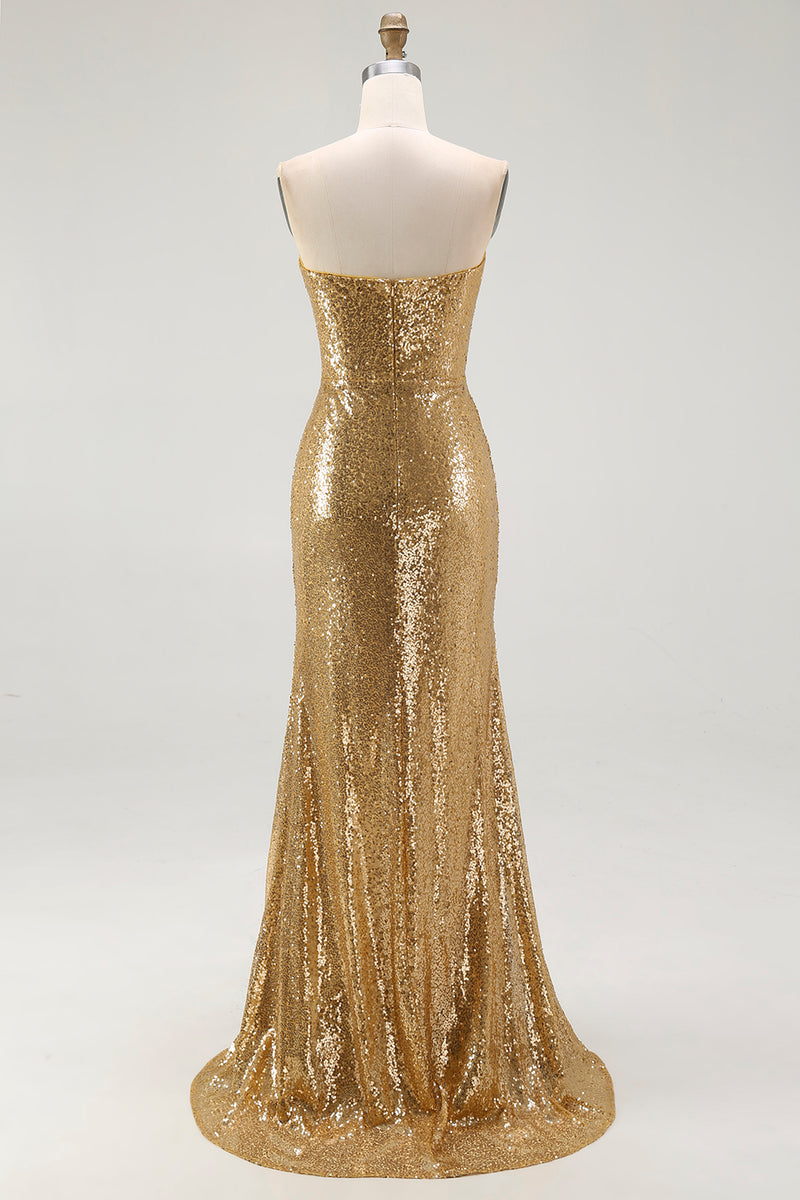 Load image into Gallery viewer, Sparkly Sequins Gold Strapless Mermaid Long Formal Dress with Slit