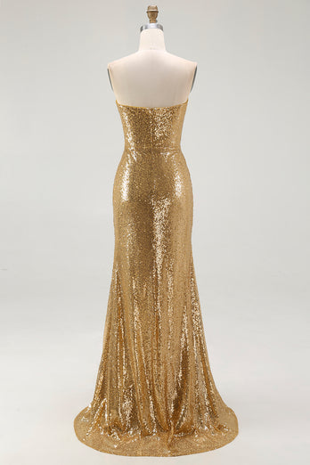 Sparkly Strapless Gold Mermaid Long Sequins Formal Dress with Slit