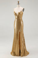 Load image into Gallery viewer, Sparkly Sequins Gold Strapless Mermaid Long Formal Dress with Slit