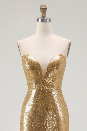 Sparkly Sequins Gold Strapless Mermaid Long Formal Dress with Slit