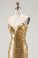 Load image into Gallery viewer, Sparkly Sequins Gold Strapless Mermaid Long Formal Dress with Slit