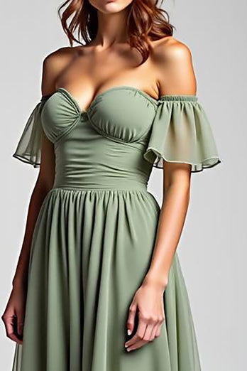Dusty Sage Off the Shoulder Long Chiffon Formal Dress