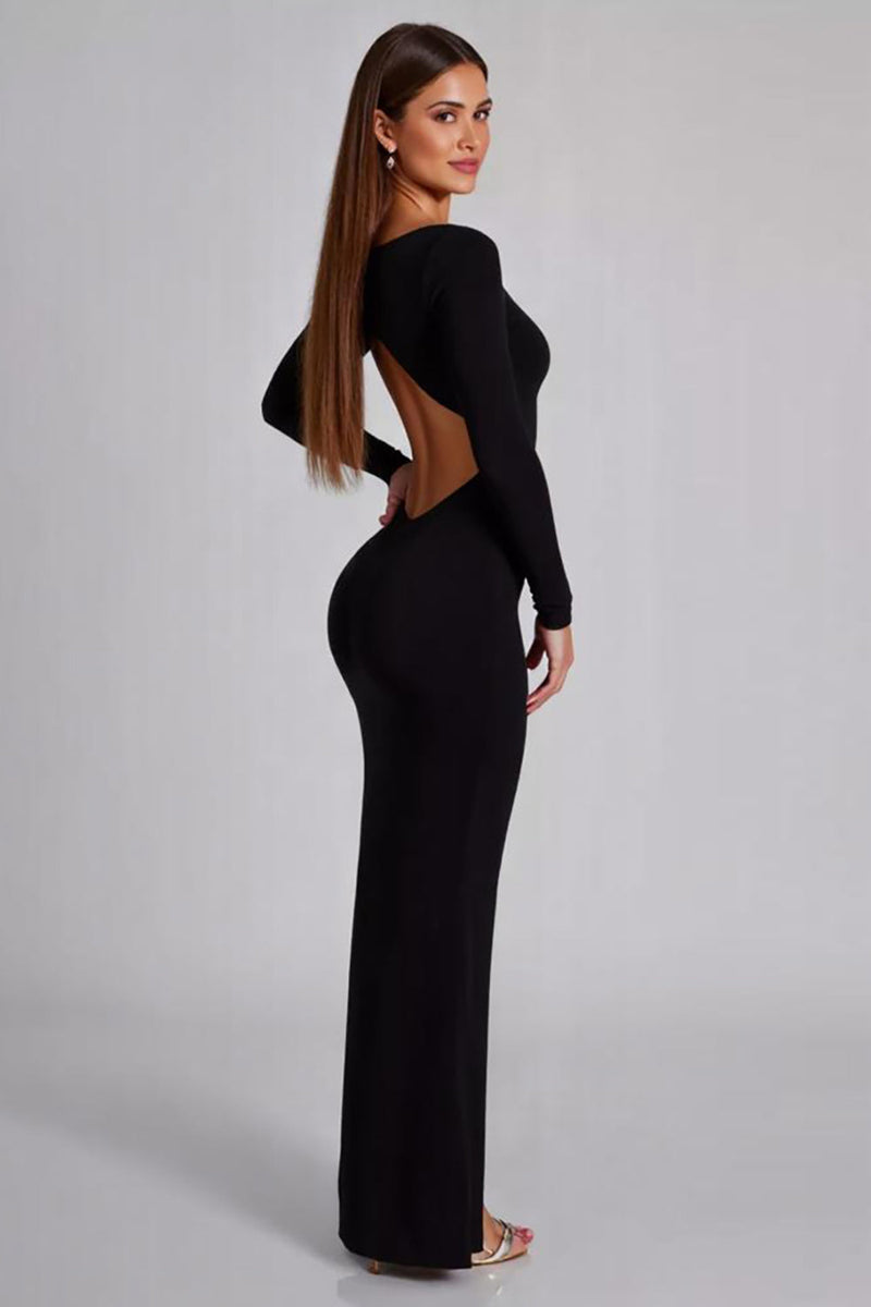 Load image into Gallery viewer, Black Long Sleeves Cut Out Jersey Formal Dress with Slit