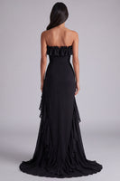 Load image into Gallery viewer, Strapless Black Tiered Long Chiffon Formal Dress with Slit