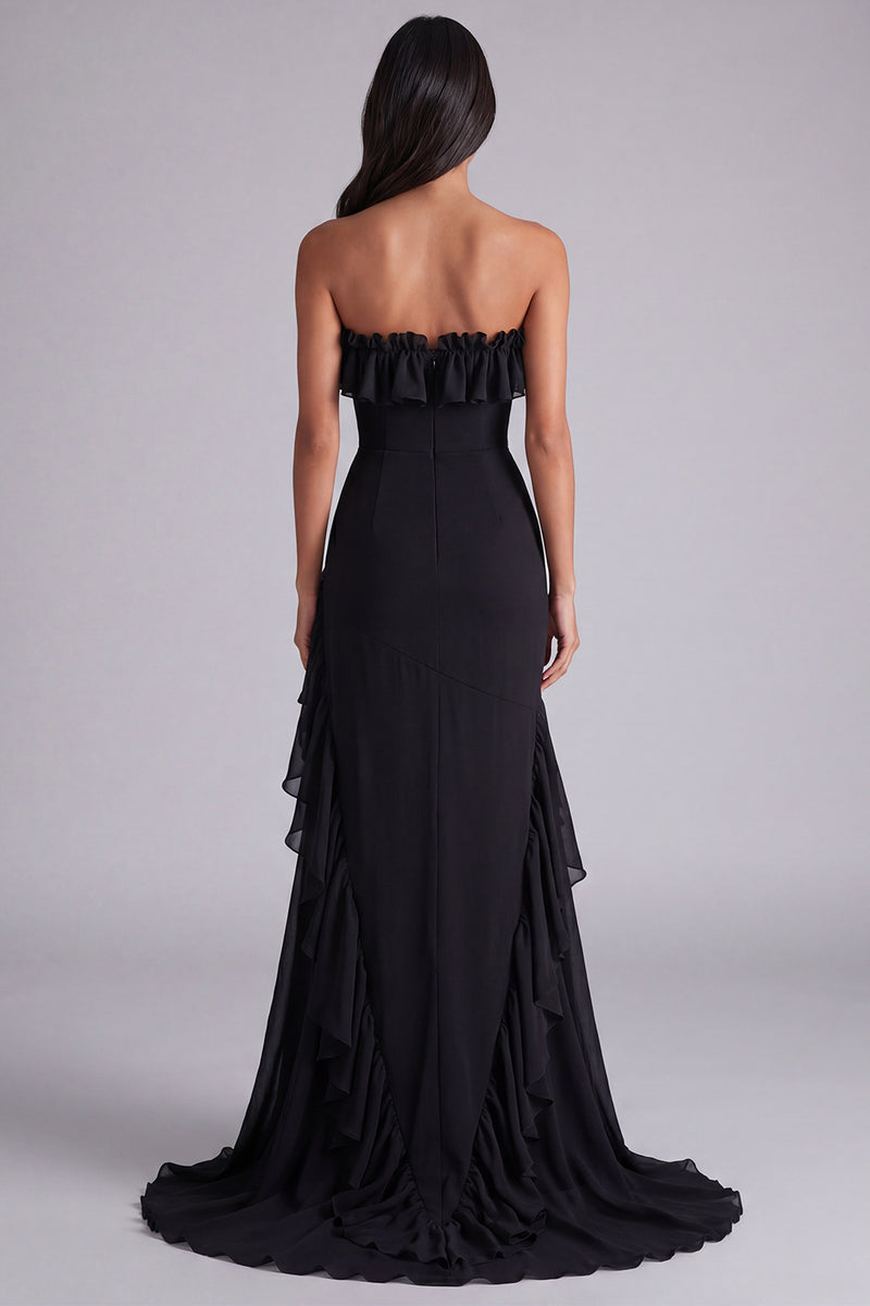 Load image into Gallery viewer, Strapless Black Tiered Long Chiffon Formal Dress with Slit