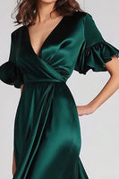 Load image into Gallery viewer, Satin Dark Green V-Neck Long Formal Dress with Ruffles