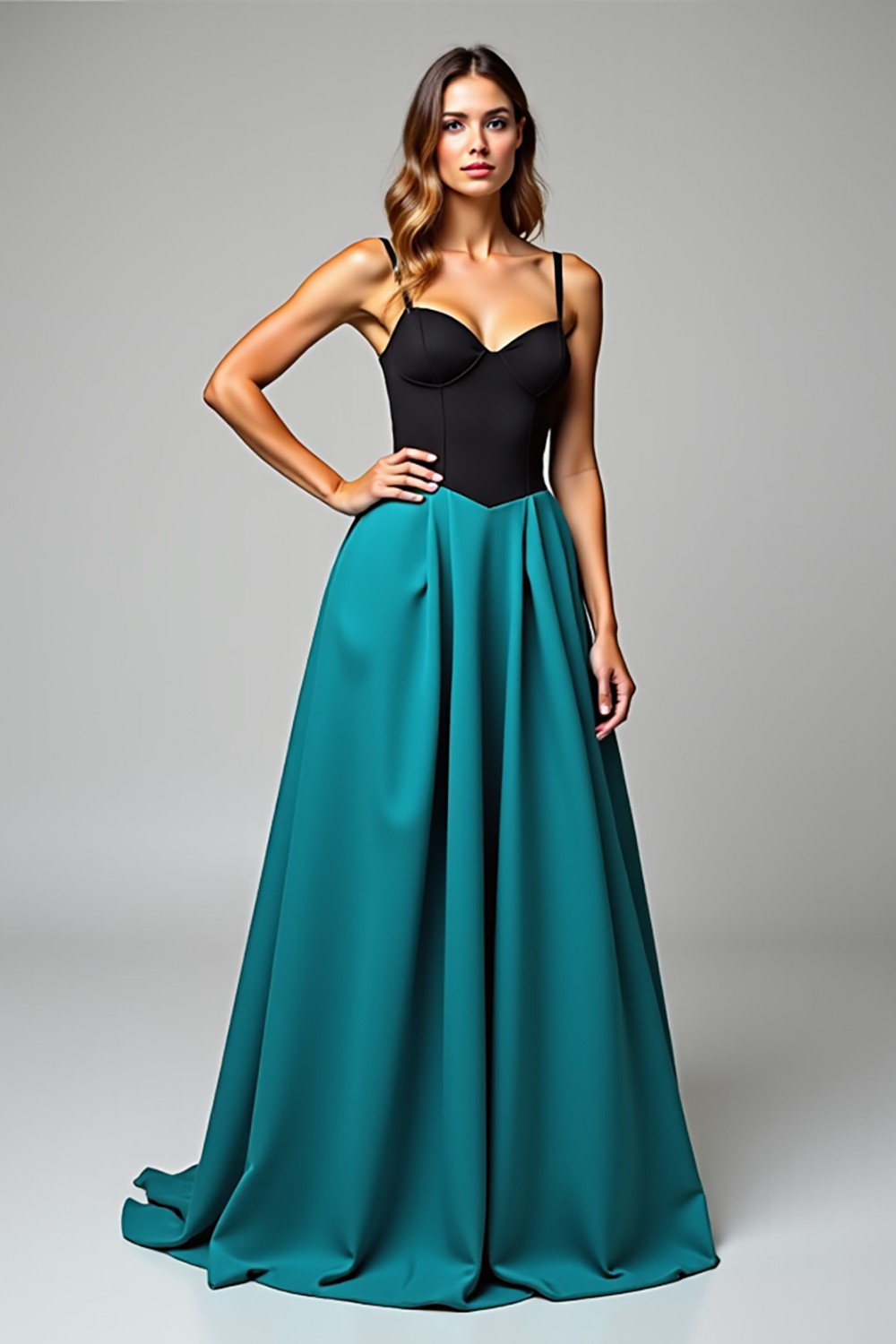 A Line Black Peacock Blue Satin Long Formal Dress