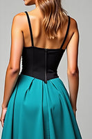 Load image into Gallery viewer, A Line Black Peacock Blue Satin Long Formal Dress