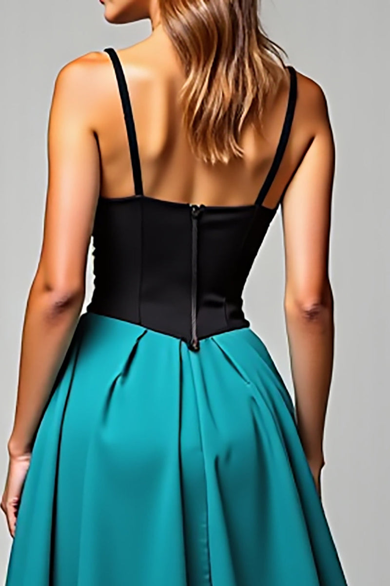 Load image into Gallery viewer, A Line Black Peacock Blue Satin Long Formal Dress