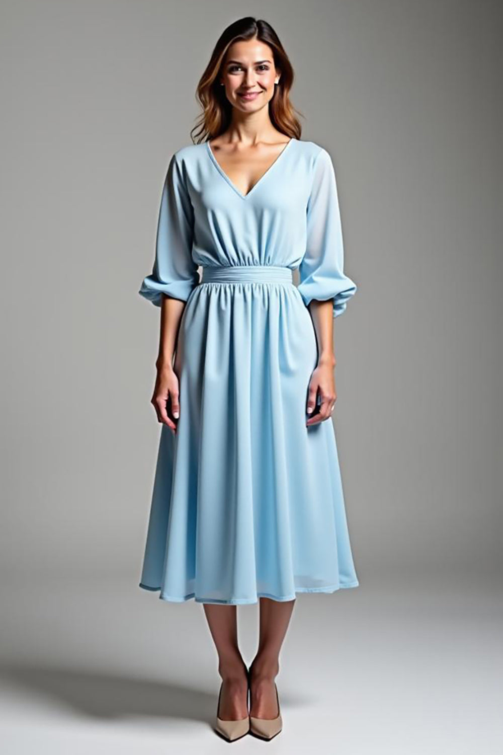Sky Blue V-Neck Half Sleeves Long Formal Dress