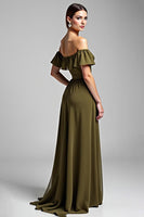 Load image into Gallery viewer, A Line Olive Chiffon Long Formal Dress with Ruffles