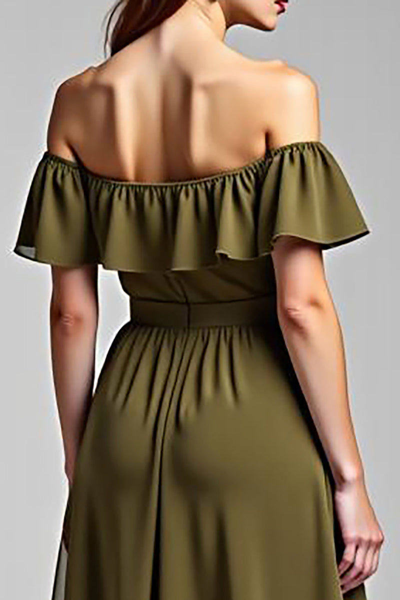 Load image into Gallery viewer, A Line Olive Chiffon Long Formal Dress with Ruffles
