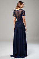 Load image into Gallery viewer, Deep V-Neck Navy Chiffon Long Formal Dress