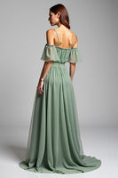 Load image into Gallery viewer, A Line Dusty Sage Cold Shoulder Long Formal Dress