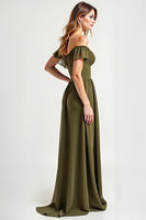 Load image into Gallery viewer, Off the Shoulder Olive Chiffon Long Formal Dress