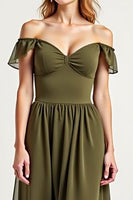 Load image into Gallery viewer, Off the Shoulder Olive Chiffon Long Formal Dress