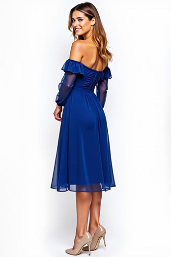 Royal Blue Off the Shoulder Chiffon Short Formal Dress
