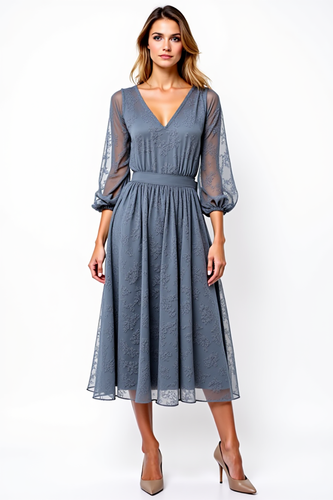 Lace A Line Grey V-Neck Long Formal Dress