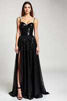 Load image into Gallery viewer, Sparkly Black A Line Long Formal Dress with Slit