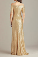 Load image into Gallery viewer, Sparkly Gold Square Neck Sheath Long Formal Dress