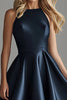 Load image into Gallery viewer, A Line Navy Satin Scoop High-Low Formal Dress