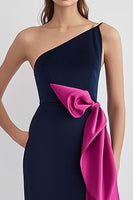 Load image into Gallery viewer, Navy Fuchsia One Shoulder Satin Sheath Long Formal Dress