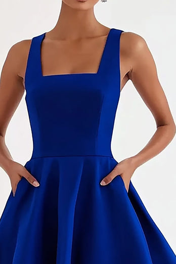 A Line Royal Blue Square Neck Long Formal Dress
