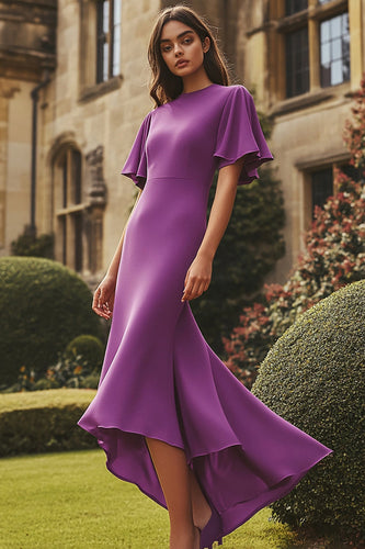 Round Neck Plum Short Sleeves Long Formal Dress