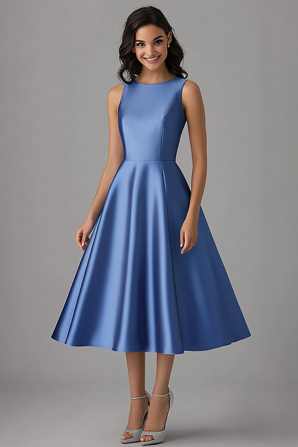 A Line Satin Blue Scoop Long Formal Dress