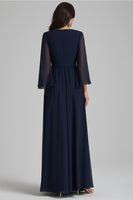 Load image into Gallery viewer, Navy V-Neck Chiffon Long Formal Dress with Half Sleeves