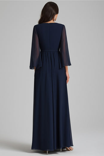 Navy V-Neck Chiffon Long Formal Dress with Half Sleeves