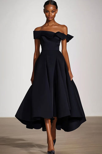 Off the Shoulder Black A Line Long Formal Dress