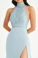 Load image into Gallery viewer, Halter Neck Sky Blue Chiffon Long Formal Dress with Slit