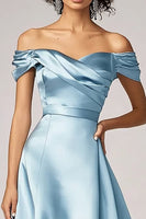 Load image into Gallery viewer, Sky Blue Off the Shoulder Satin Long Formal Dress