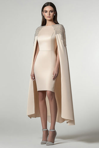 Sheath Champagne Satin Short Formal Dress with Shawl