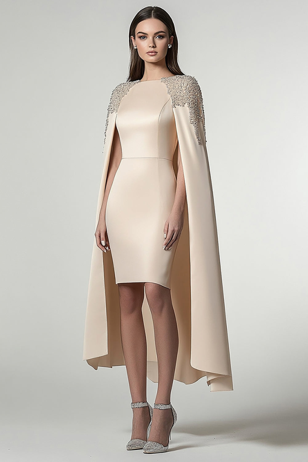 Sheath Champagne Satin Short Formal Dress with Shawl