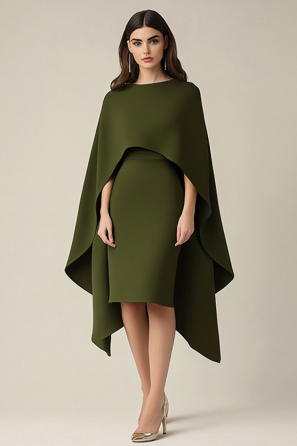 Olive Scoop Sheath Short Formal Dress with Shawl