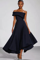 Load image into Gallery viewer, Navy One Shoulder A Line Long Formal Dress