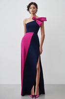 Load image into Gallery viewer, Sheath Navy Fuchsia One Shoulder Long Formal Dress with Slit