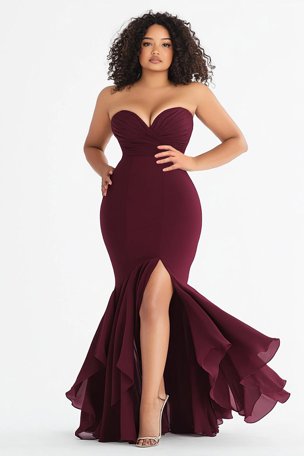 Burgundy Plus Size Mermaid Sweetheart Formal Dress with Slit