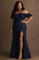 Load image into Gallery viewer, Navy Plus Size Off the Shoulder Formal Dress with Ruffles