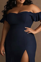 Load image into Gallery viewer, Navy Plus Size Off the Shoulder Formal Dress with Ruffles