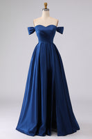Load image into Gallery viewer, Navy Plus Size Off the Shoulder Long Satin Formal Dress with Slit