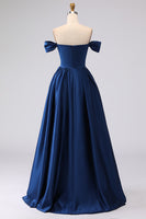 Load image into Gallery viewer, Navy Plus Size Off the Shoulder Long Satin Formal Dress with Slit